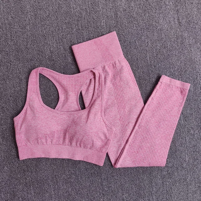 2/3/5PCS Seamless Women Yoga Set Workout Sportswear Gym Clothing Fitness Long Sleeve Crop Top High Waist Leggings Sports Suits BraPantsPink