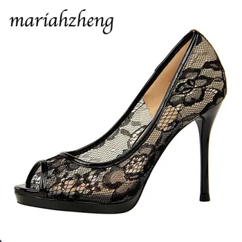 

LTARTA 9.5CM Sexy Nightclub Women's Shoe Ultra-high Heel Waterproof Platform Mesh Hollow Lace Fish Mouth Single Shoes DS