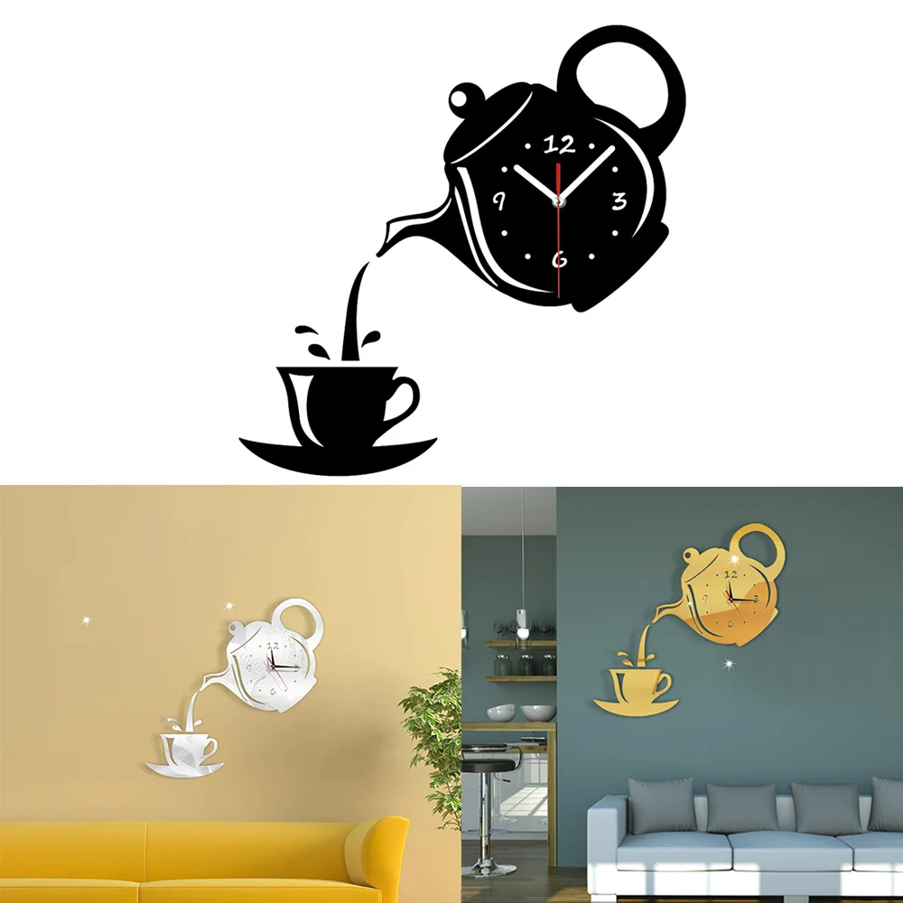 3D DIY зеркальные настенные часы тихие акриловые современный кофейный чайник форма