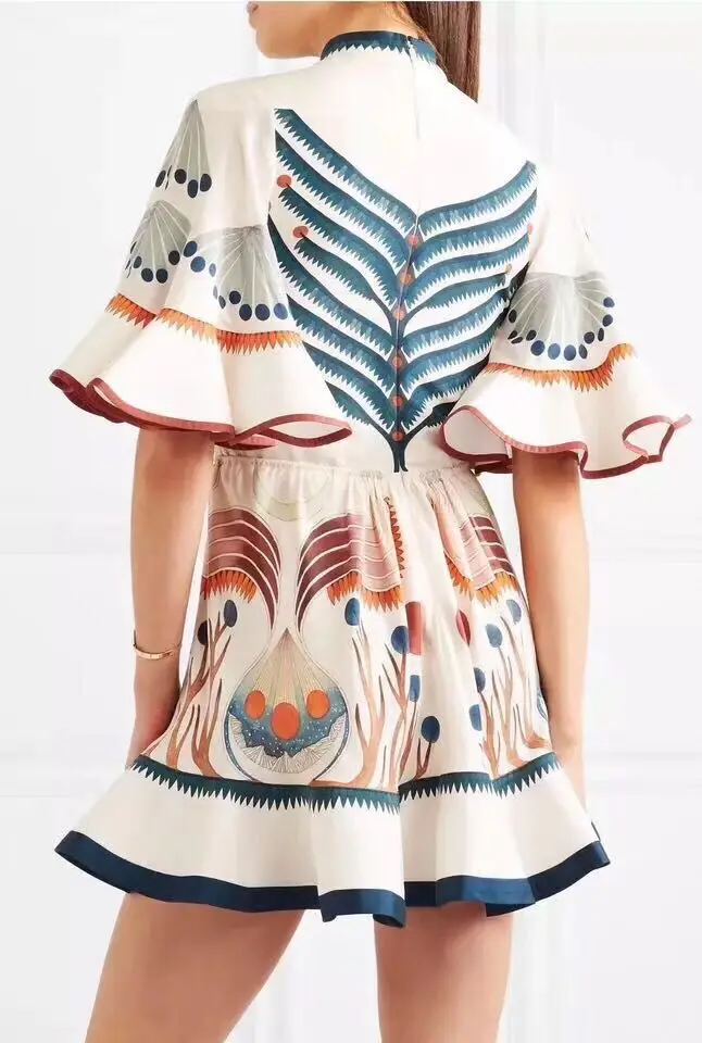 Ruffle Mini Dress Half Flare Sleeve Turtleneck Elasticated Print Vestido Slim Spring Summer Dresses For Women