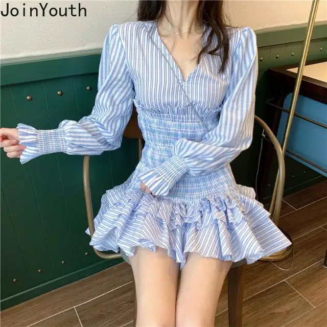 Joinyouth элегантное Полосатое мини-платье с v-образным вырезом и длинным пышным