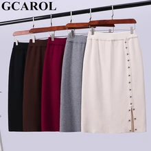 GCAROL/новая осенне-зимняя Корейская трикотажная юбка с заклепками и разрезом эластичная резинка на талии средней длины, эластичная трикотажная юбка
