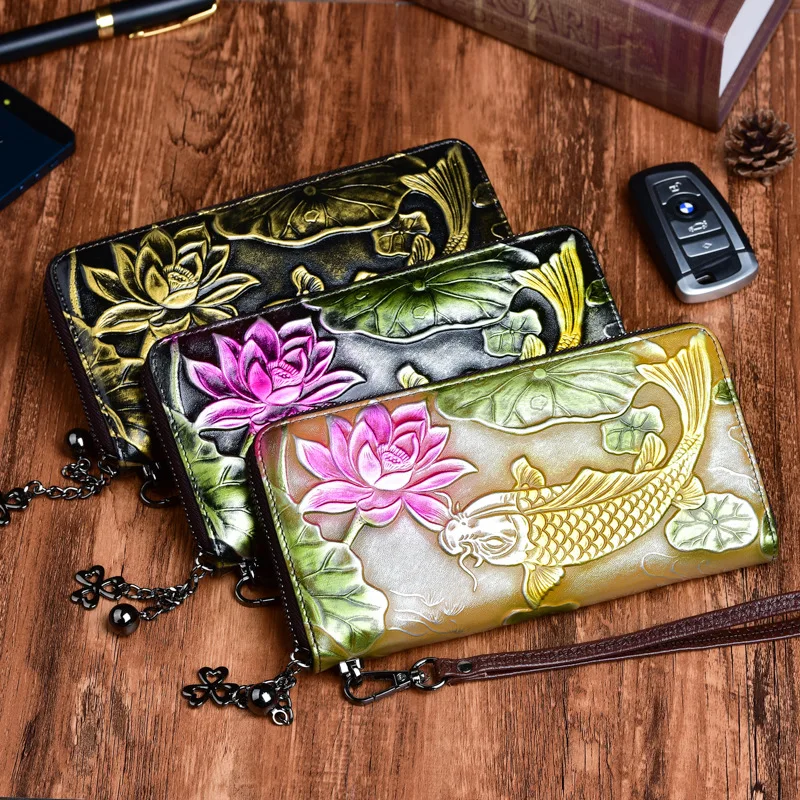 Женский длинный кошелек из натуральной тисненой кожи с цветочным рисунком, удобная сумка в китайском стиле, Стильный клатч на молнии, Женский кошелек на запястье