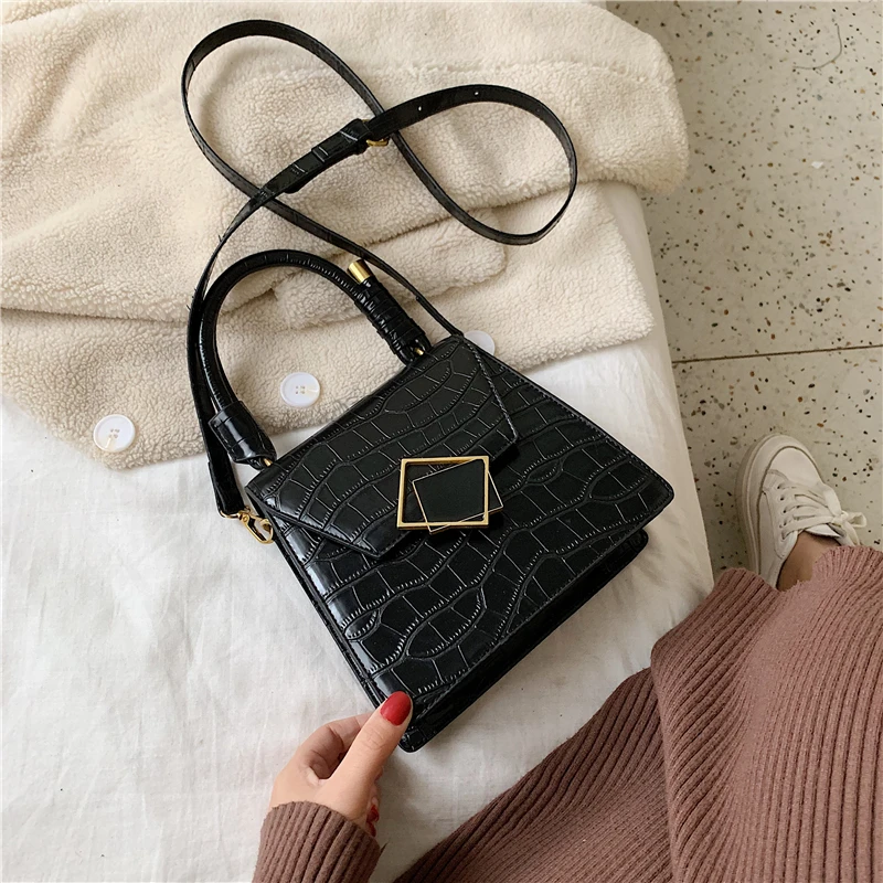 Women Stone Pattern PU Leather Small Crossbody Bags for Women Shoulder Messenger Bag Lady Luxury Handbags Fashion Totes - Цвет: Black Handbags
