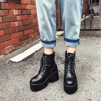 

Dropshipping Autumn Ankle Boots For Women Motorcycle Boots Chunky Heels Casual Lacing Round Toe Platform Shoes Female GY008