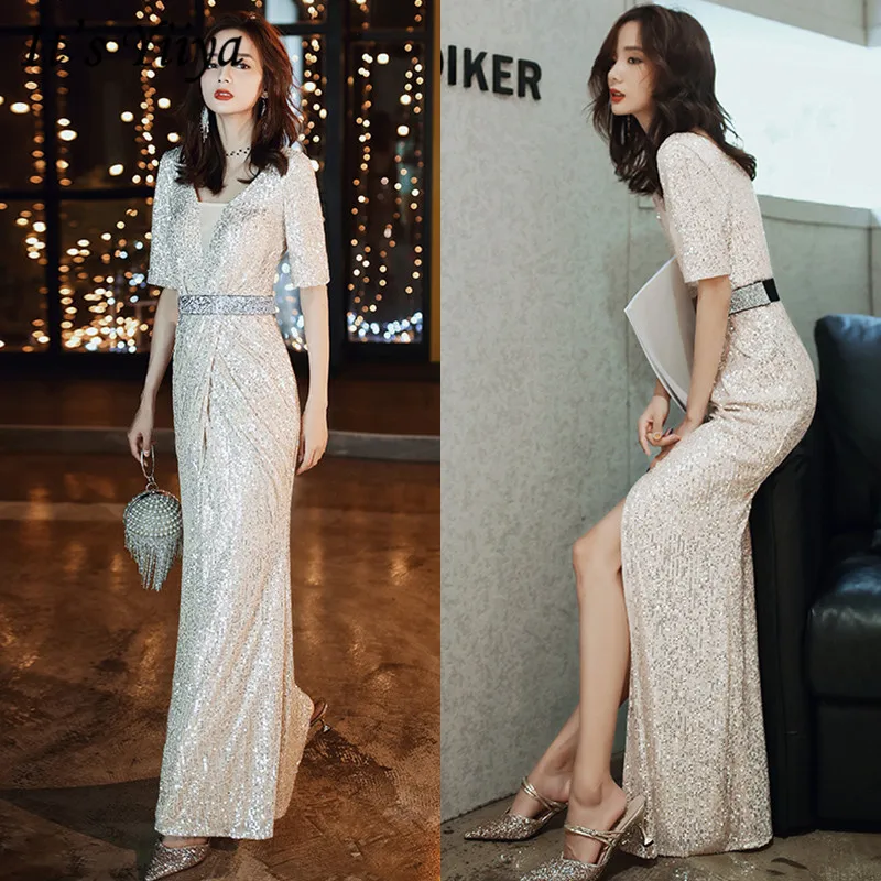 Это YiiYa Eveing платья длинного размера плюс Robe De Soiree K140 с v-образным вырезом и блестками элегантное официальное платье русалки для женщин