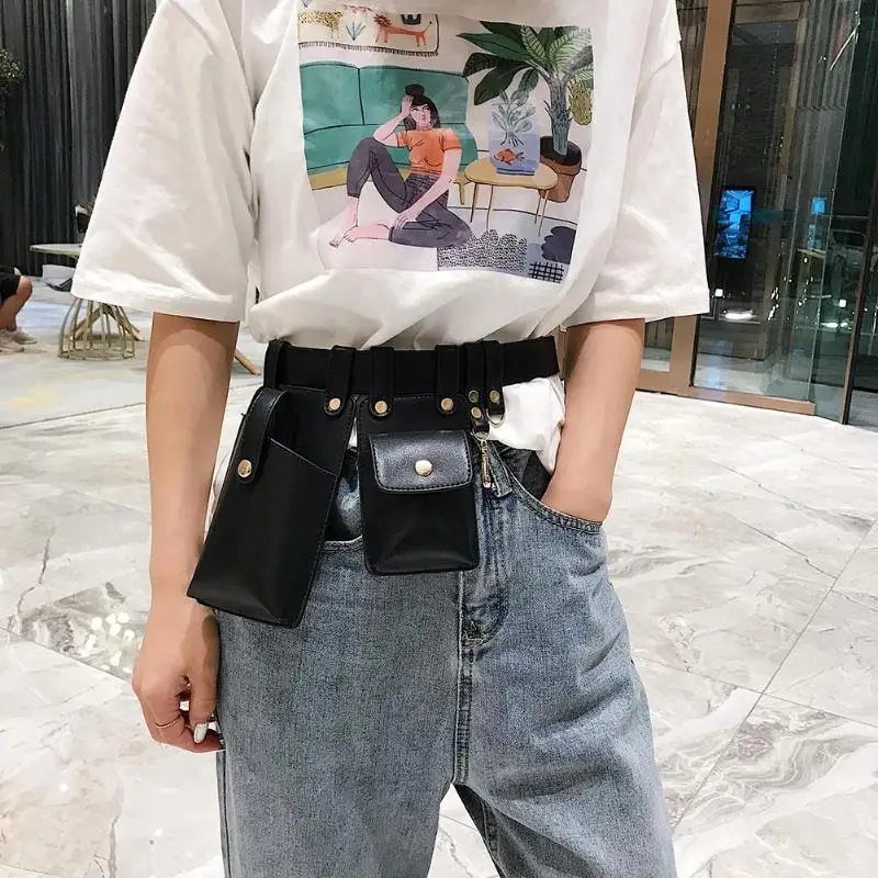 В стиле панк двойной мешок плеча личности Сумки Для женщин Талия Fanny Pack п брелок из искусственной кожи дорожные нагрудные сумки