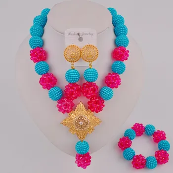 

Pretty Lake Blue and Fuchsia Pink African Jewelry Set Women Nigerian Wedding Necklace SP3-16