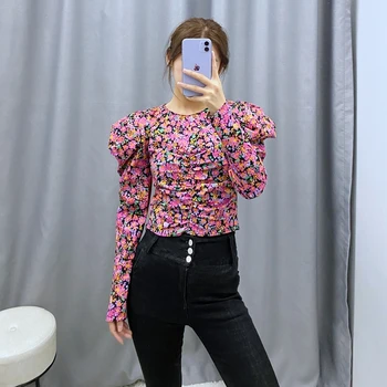 

Fashion Puff Sleeve Floral Blouse Women O neck Crop Top Spring Ladies Printed Preppy Style Shirts WB9986