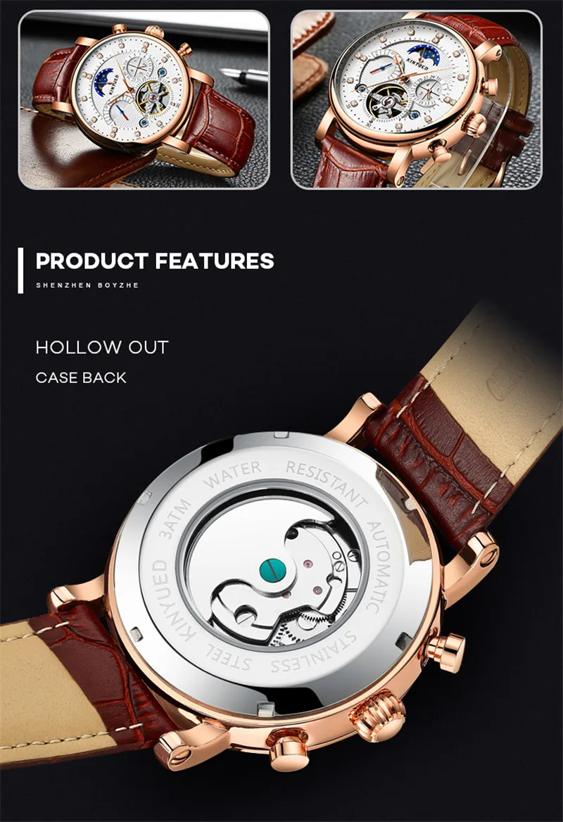 KINYUED Топ люксовый бренд Мужские часы механические Tourbillon Роскошные модные брендовые кожаные мужские спортивные часы мужские автоматические часы