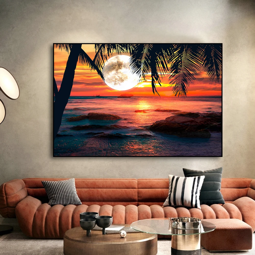 Abstract Sunset and Moon Artwork Picture Printed on Canvas