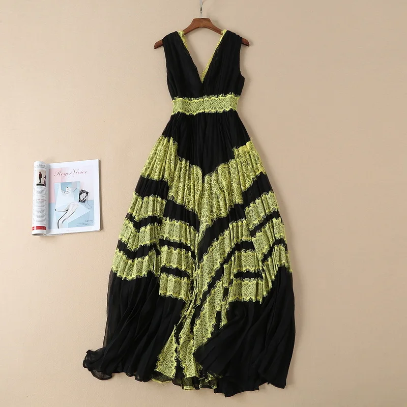 High-end dress summer new European and American silk lace v-neck dress