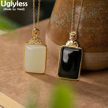 

Uglyless Handmade Lotus Leaf Pendants for Women Blank Square Jade Necklaces NO Chain Simple Fashion 925 Silver Jewelry Gemstones