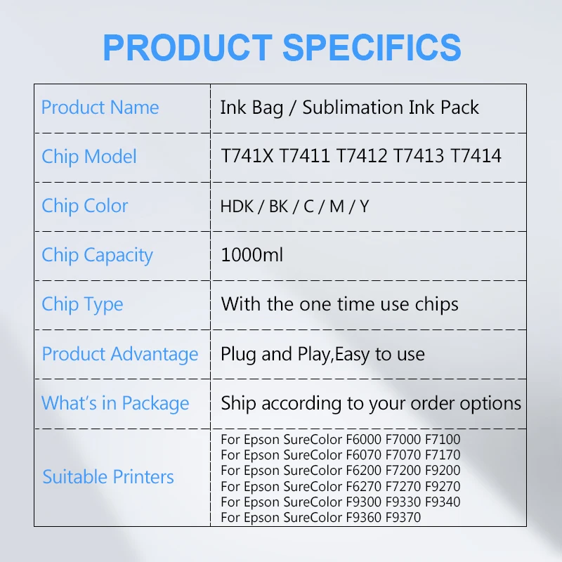 Vivid 1000ML T7414 T741X Ink Packs Dye Sublimation Ink Pack For Epson SureColor F6000 F6070 F6200 F6270 F7000 F7200 F7270 F9200