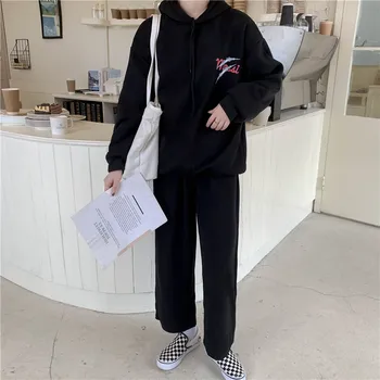

Autumn Black Sweat Pant Set Plus Size Women's Velvet Hoodies Women's Slim Ankle-length Pants Long Sleeve Two-piece Set