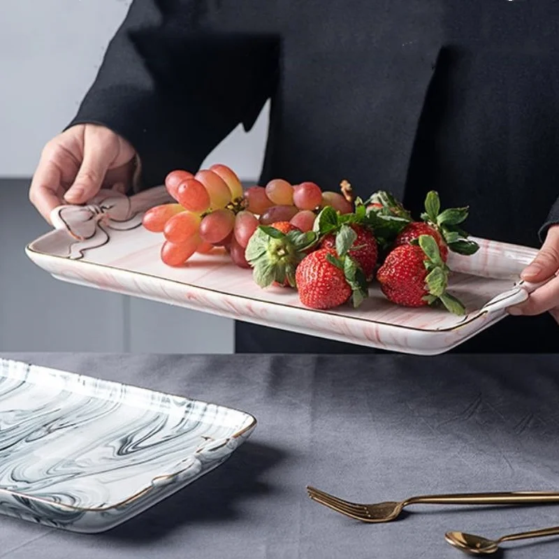 

Ceramic Fruit Bowl Nordic Square Marble Pattern Bow Dessert Plate Jewelry Cosmetics Storage Tray Household Storage Supplies