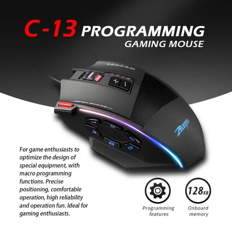 ZELOTES C-13 13 клавиш 10000 dpi Регулируемая RGB оптическая игровая проводная USB мышь