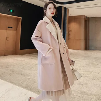 

Blends Women Pink Elegant Sweet Ladies All-match Simple Korean Style Womens Coat Long Winter Woolen High Quality Ulzzang Daily