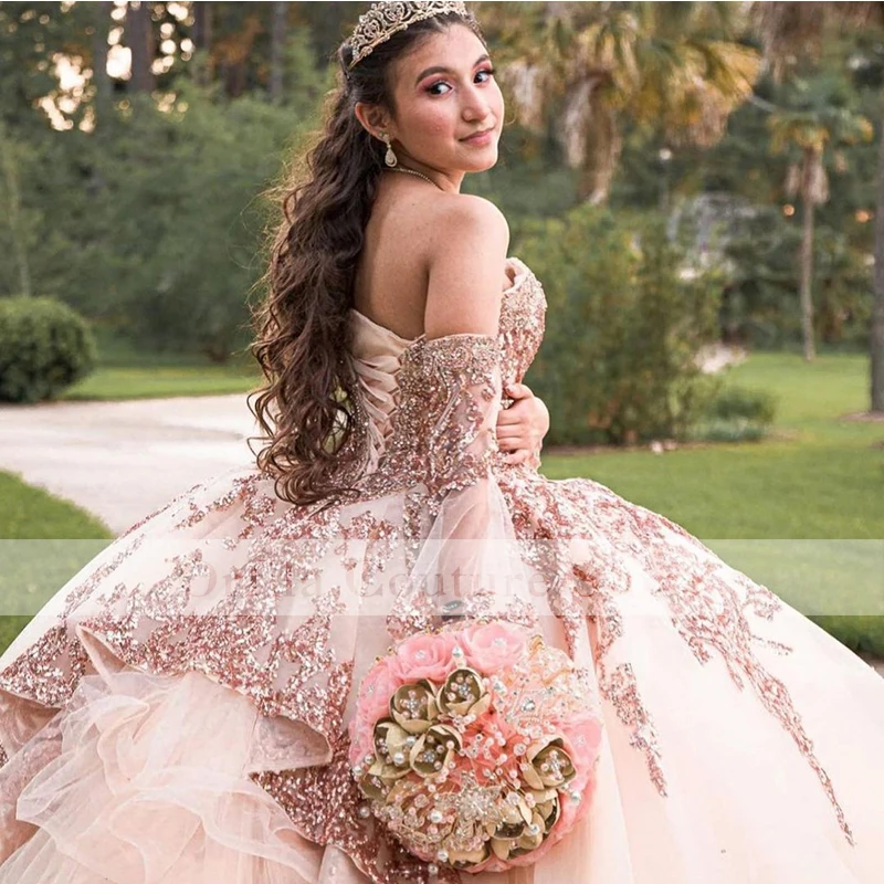 Блестящее бальное платье, платья Quinceanera, съемные рукава, милое платье с блестками и аппликацией, милое праздничное платье 16 дюймов