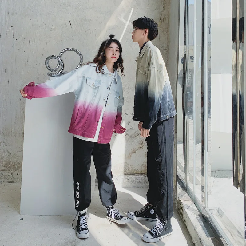 Hong Kong аромат для мужчин и женщин Градиент свободный крой джинсовая куртка весна и осень стиль Пара Одежда INS сеть красный C