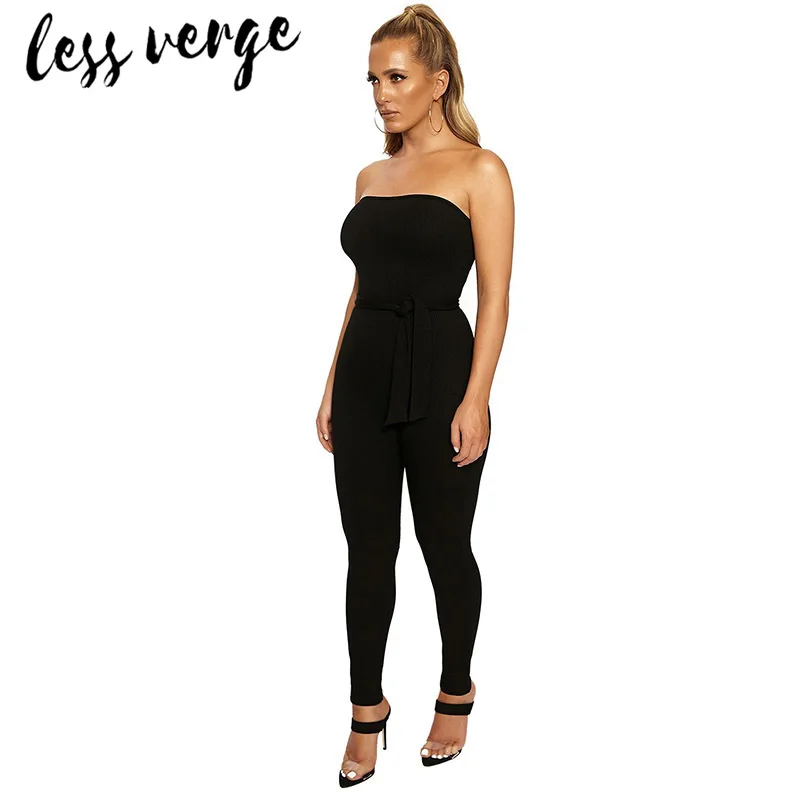 lessverge Knitted rib bodycon winter jumpsuit women Sexy off shoulder sashes long romper Black bandage fitness jumpsuit overalls