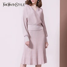 TWOTWINSTYLE, вязаный комплект из двух предметов для женщин, v-образный вырез, фонарь, длинный рукав, свитер с высокой талией, юбка с рюшами, осень, модная новинка