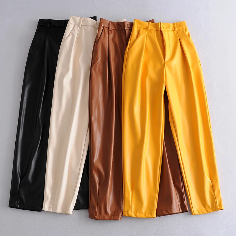 Brand New PU Leather Loose Pants Women Fashion Faux Leather Trousers Yellow Elegant Pockets Zipper Button Pant Female Ladies gloria vanderbilt capris