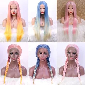 

Aiva Green Blue Pink Box Braid Wig Heat Resistant Long Straight Ombre Synthetic Lace Front Wig Cosplay Braided Wigs For Women
