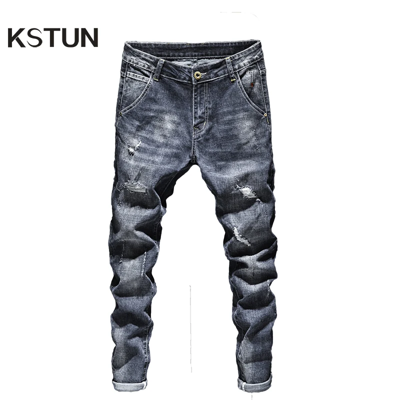 Pantalones vaqueros de estilo motociclista para hombre, pantalón vaquero azul oscuro, entallado, desgastado, informal, Retro, estilo hip hop
