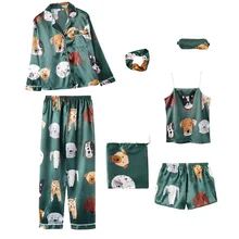 Халат, комплект из 7 предметов, женский Шелковый костюм для сна с длинными рукавами на весну и осень, костюм на бретельках, шорты для дома, женский костюм