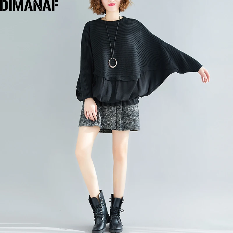 Najtaniej DIMANAF oversize, jesienny sweter damski topy sweter na drutach Plus rozmiar damski damski moda Casual rękaw w kształcie skrzydła nietoperza czarne ubranie