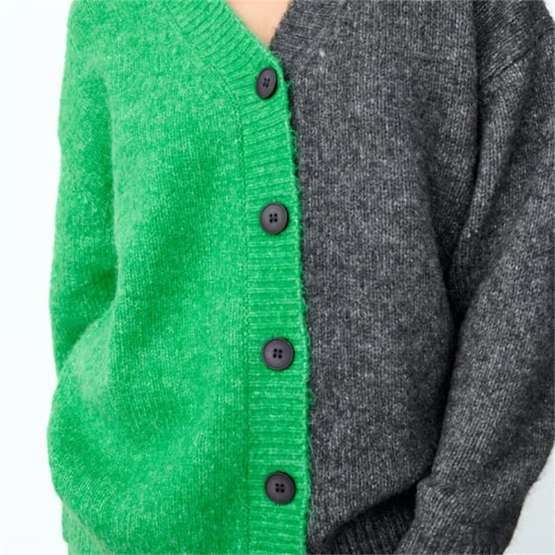 MESTTRAF Women 2021 Fashion Ribbed Hem Stitching Knitted Sweater Retro Long-Sleeved V-Neck Cardigan Outerwear Streetwear |