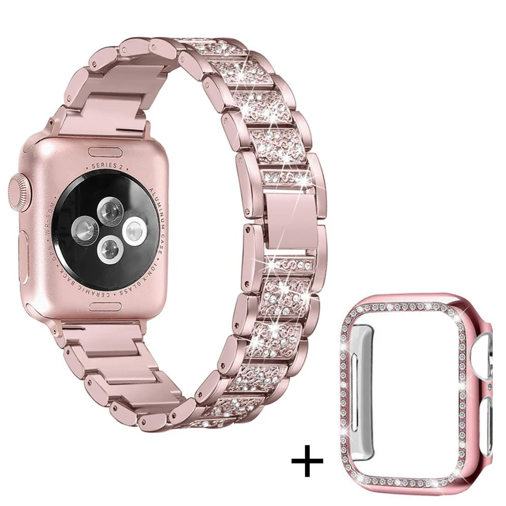 Rose-pink-pink case Ремешок со стразами+ чехол для Apple Watch 38 мм 42 мм металлические стразы сменный Браслет для женщин iWatch 40 мм 44 мм серия 5 4 - Цвет ремешка: Rose-pink-pink case