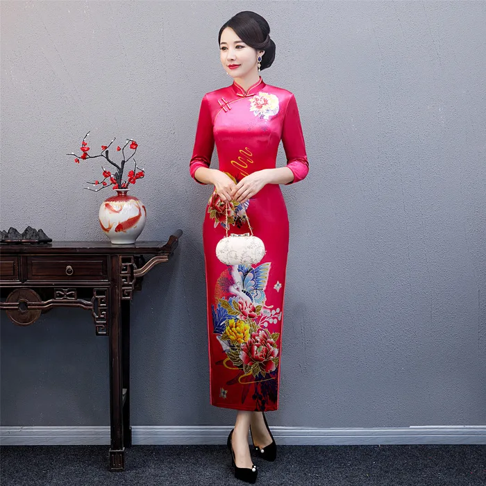 Большие размеры 3XL 4XL 5XL осеннее Новое поступление винтажное три четверти Cheongsam сексуальное женское Формальное длинное платье с цветочным принтом велюровое платье - Цвет: B