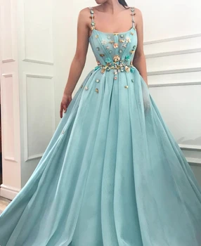 

Sky Blue Muslim Evening Dresses 2019 A-line Spaghetti Straps Tulle Flowers Islamic Dubai Saudi Arabia Long Evening Gown Prom