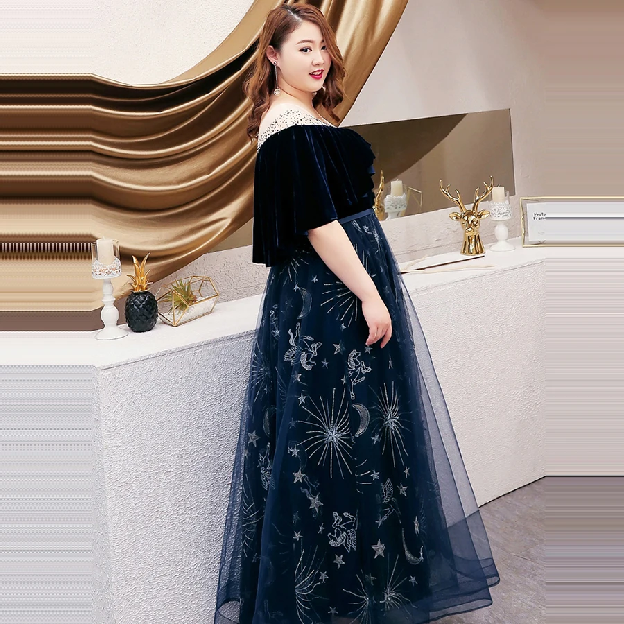 Вечерние платья Длинные темно-синие Robe De Soiree нового размера плюс с О-образным вырезом с коротким рукавом женские вечерние платья Формальное вечернее платье T095
