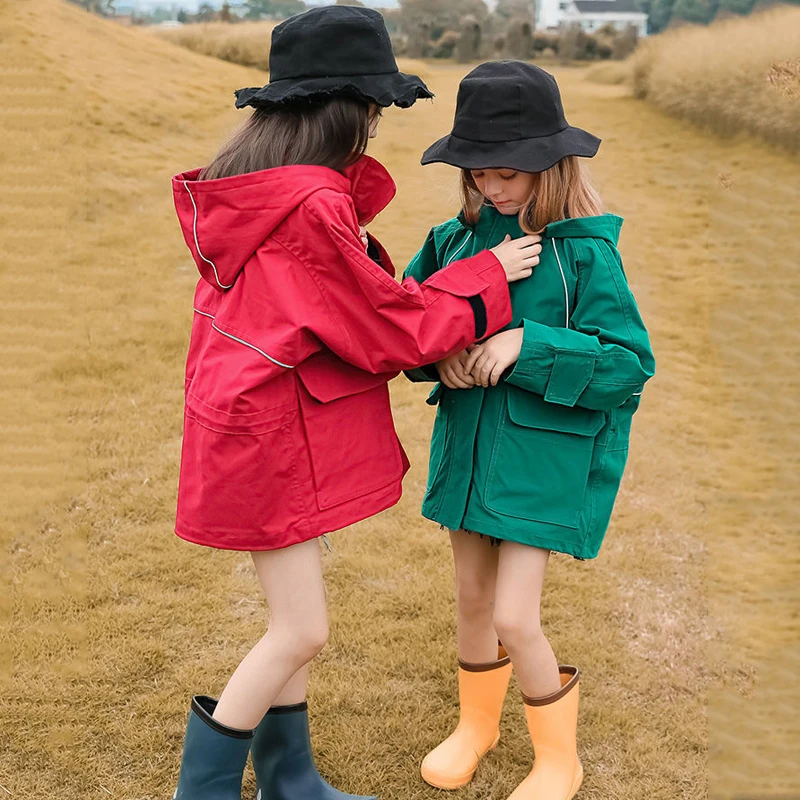 

Girls Jacktes Spring Autumn New Kids Long Sleeve Hooded Coats Teaenage Fashion Big Pockets Casual Loose Outwear