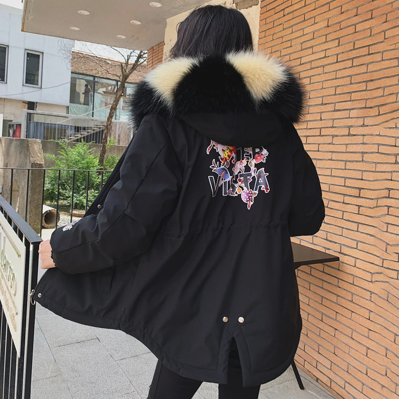 Зимняя женская куртка большого размера 3XL Женская парка с меховым воротником и капюшоном осеннее плотное пальто из хлопка с большим карманом