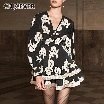 

CHICEVER Vintage Print Ruffle Women's Dress V Neck High Waist Lantern Sleeve Casual Mini Dresses For Female 2020 Fashion New