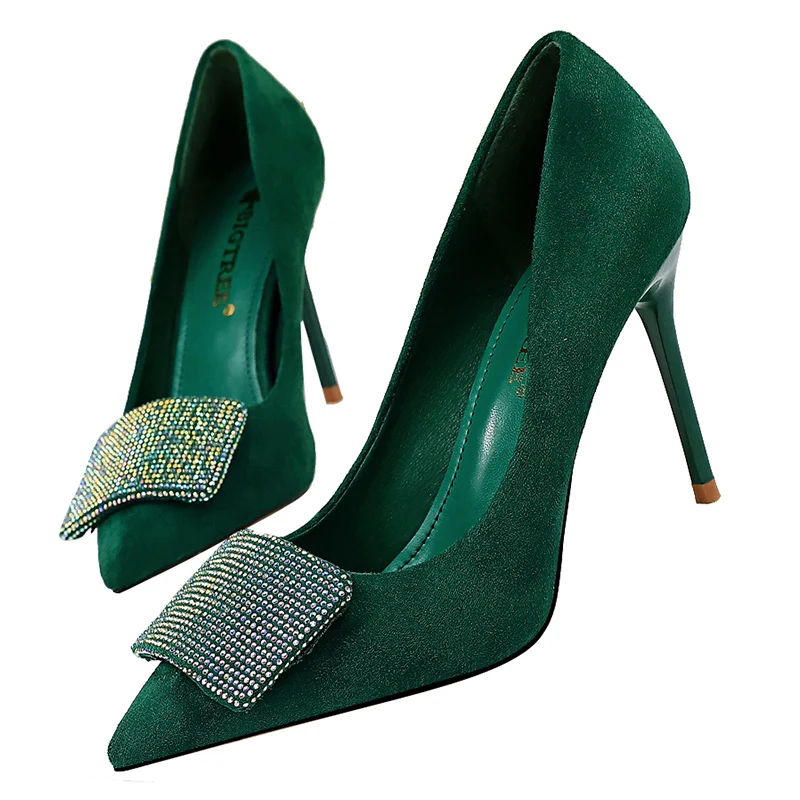 2022 Women 9.5cm High Heels Crystal Glitter Pumps Lady Wedding Green