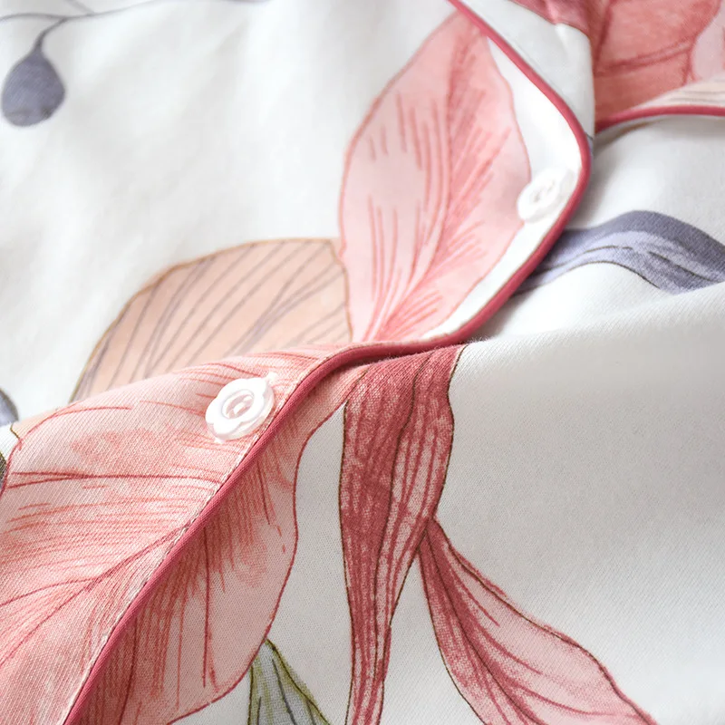 Женская одежда для сна с длинным рукавом; сезон осень; хлопок; трикотажный пижамный комплект с отложным воротником; пижамы с принтом листьев; домашняя одежда; одежда для сна