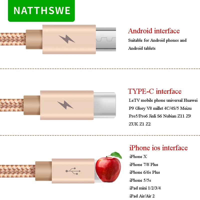 NATTHSWE 3 в 1 кабель для передачи данных Micro usb type-C кабель для быстрой зарядки для iPhone X 8 7 6 iPad samsung Android Phone