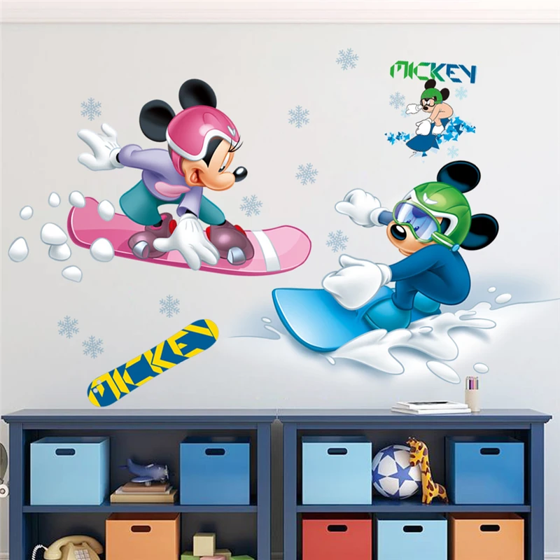 Disney Mickey Minnie Go Skiing Wall Stickers For Kids Rooms Bedroom Home Decor Cartoon Wall Decals Pvc Mural Art DIY Wallpaper