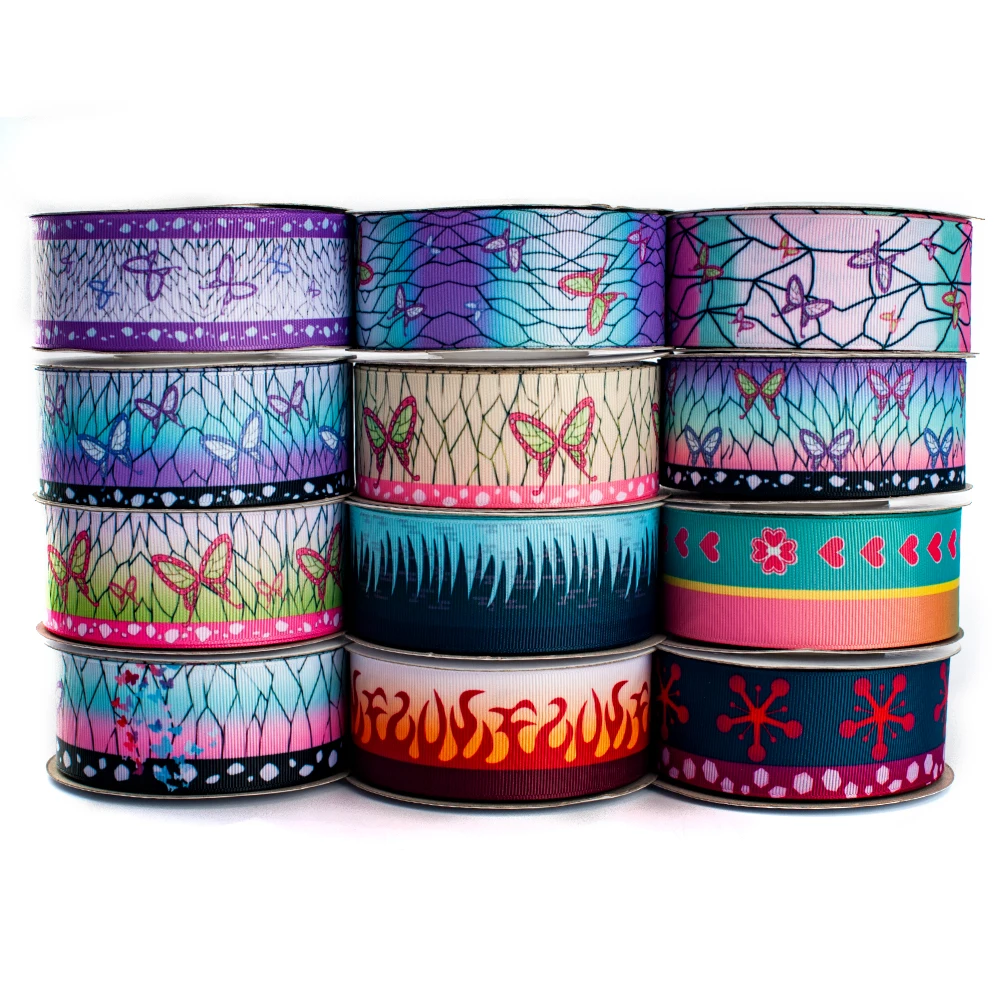 New 50 Yards Japan Anime Kimetsu No Yaiba Butterfly Printed Grosgrain satin Ribbon | Дом и сад