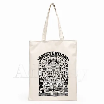 

Flag Amsterdam Netherlands Print Reusable Shopping Bag Women Canvas Tote Bags Printing Eco Bag Cartoon Shopper Shoulder Bags