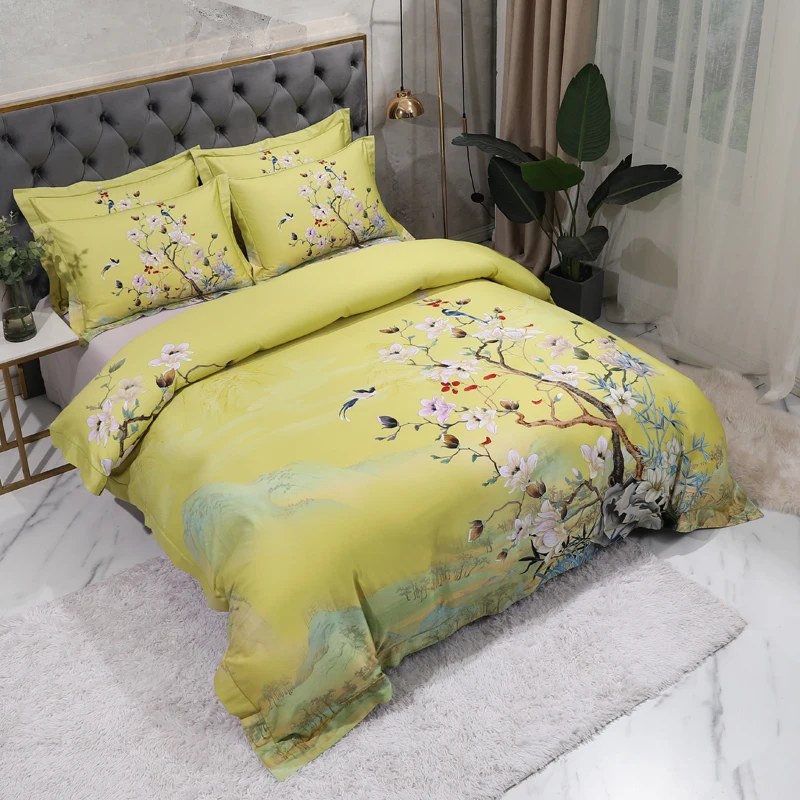 100% Egyptian Cotton US size Bedding Queen King size 4Pcs Birds and Flowers Leaf Gray Shabby Duvet Cover Bed sheet Pillow shams