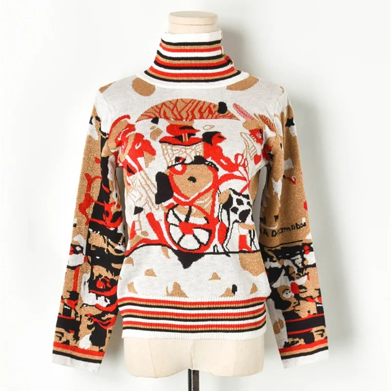 ^*Best Offers Luxury Brand Designer Knitted Pullovers for Women Turtleneck Gold Thread Abstract Rome Jacquard Long Sleeve Knitted Sweater