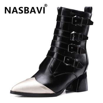 

Hot Sale 2019 Women boots mid heel pointed toe Shoes Metal belt buckle Women zipper fashion warm Martin Boots Size 32-44