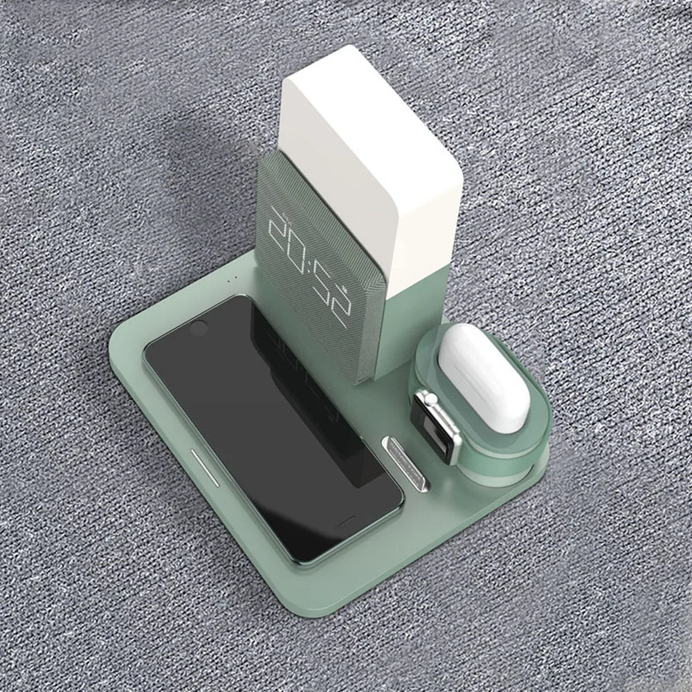 Carregador sem Fio Suporte para Apple Lâmpada de Mesa Multi Função Airpods Pro Iphone 12 Max 12mini 11pro xs xr 8plus Samsung Galaxy S20 S10 s9 Note20 Led Despertador Tempo Carregador Rápido Estação qi Ver 3 Cheap Carregadores sem Fio