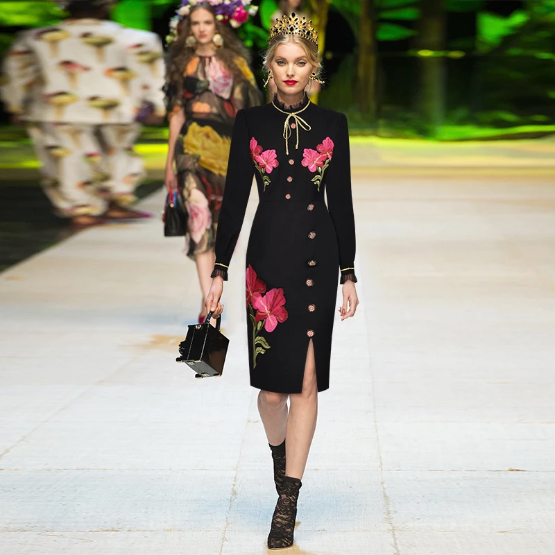 

Long Sleeve Floral Embroidery Flower High Quality Women's Designer Runway Dresses European 2020 New Vintage Black Pencil Dresses